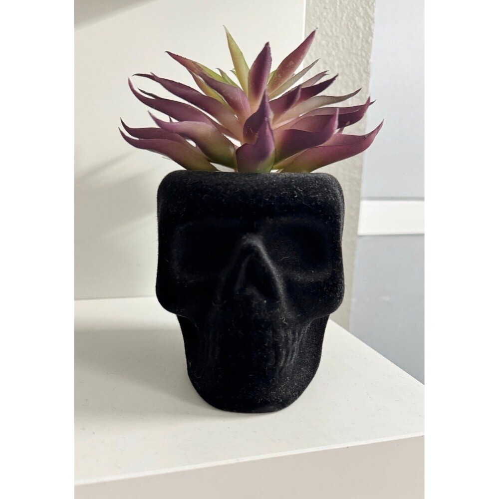 NEW Black Velvet Skull Head Succulent Potted Plant Halloween Decor